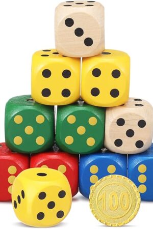 The Poen 10 Pcs Wooden Dice Set 30mm D6 Large Jumbo 6 Sided Game Dice Bulk with Numbers 1-6 Round for Table Board Games Party Favors(Multicolor)