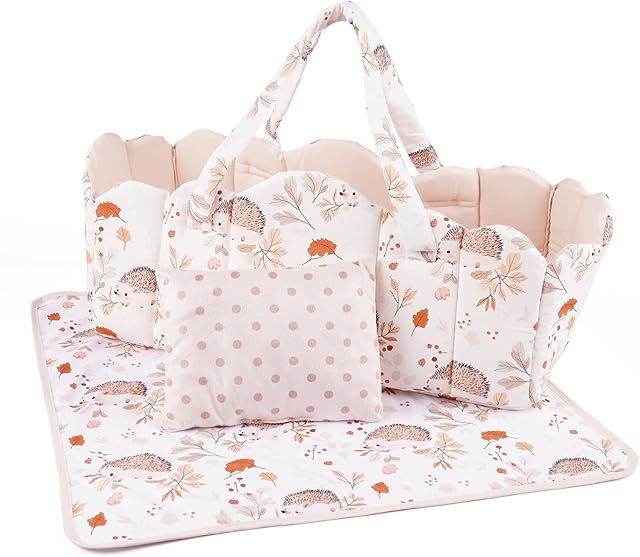 The BABESIDE 3 Pcs Baby Doll Bassinet with Doll Bedding Set for 17-22 Inch Babydolls, Cute Animal Print Baby Dolls Crib with Blanket for Reborn Baby Doll Accessories, Off-White