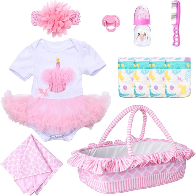 The Reborn Baby Doll Clothes 11pcs Pink Dress for 17-22 Inch Reborn Dolls Baby Girl Clothes Diaper Soft Bed Accessories