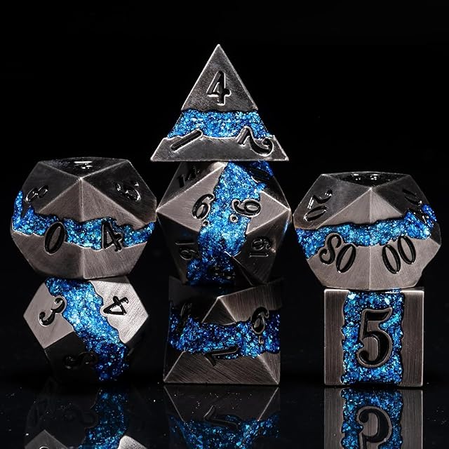 The Metal DND Polyhedral Dice,Large Stripe Glitter Metallic Dice Set,Antique Silver Dice 7pcs Set for Role Playing Games