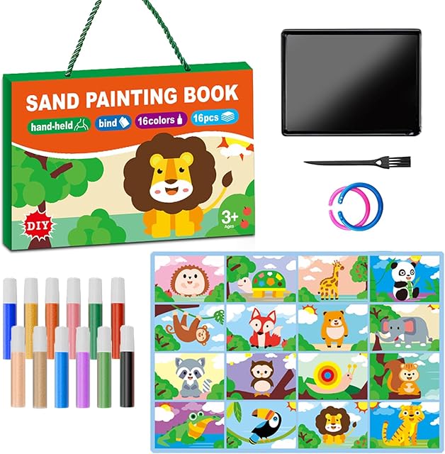 The OTAOD 32 Pcs Sand Art Kits for Kids, 16 Color Art Sand kit Scenic Sand with 16 Sheets Animal Sand Art Painting Cards, DIY Crafts Set for Girls and Boys, Arts and Crafts for Kids Ages 6-12