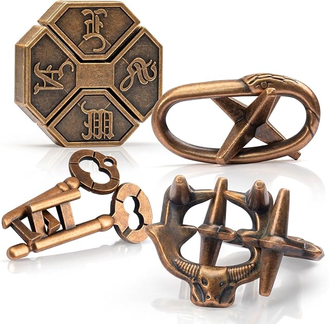 The Fun Metal Brain Teaser Puzzle Games - 4 Pcs Adults Mind Travel 3D Toys -Teens IQ Insight Challenge - Logic Educational Gift(with Storage Case and Instructions)