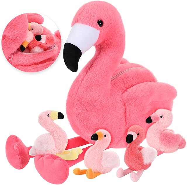 The Skylety 18 Inches Flamingo Stuffed Animal with 4 Babies Plush Toys Inside Zippered Tummy Pink Mommy Flamingo Toy Stuffed Animals for Birthday Party Decoration