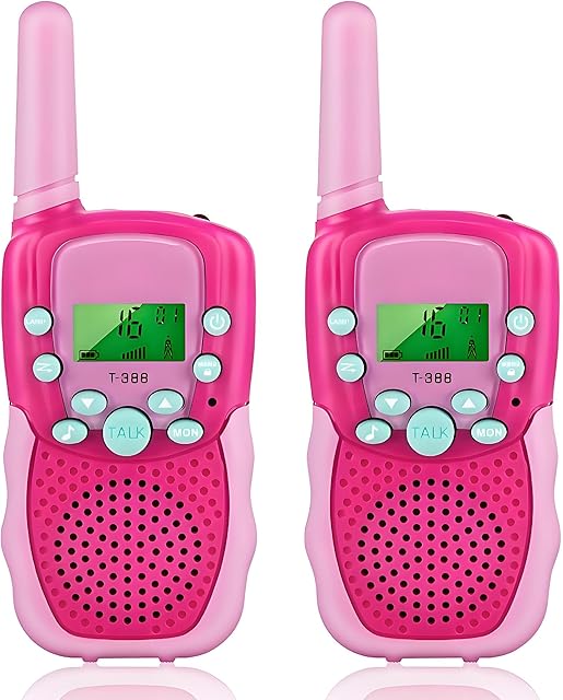The Kids Walkie Talkies T-388 Mini 2 Way Radio USB Rechargeable 22 Channels Long Range Toys for Boys Girls 3-12 Years Old Birthday Gift, Outdoor Adventures, Camping, Hiking (2 Pack, Pink)