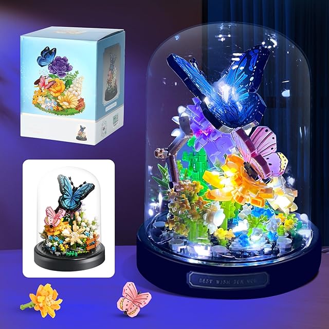 The Water Bottle Flower Bouquet Butterfly Building Set with LED String Light, Flower Butterfly Mini Bricks Building Blocks Toy for Kids, Adults, Gift for Mother's Day, Christmas(530 Pcs)