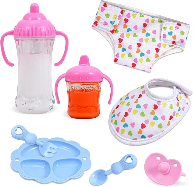 The Baby Doll Care Set with Bottles, Feeding Accessories, Bib, Diaper, 7 Pieces, Pink and Blue