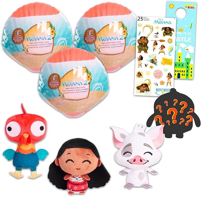 The Disney Moana Blind Box Party Favors - Bundle with 3 Blind Ball Mini Plushies Mystery Toys Plus Stickers, More Moana Toys for Kids, Boys, Girls