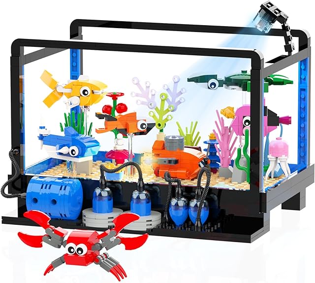 The Tenhorses Fish Tank Building Block Set, Lighting Aquarium Sets Including Marine Life, a Submarine and a Treasure Chest, Building Block Toy for 6+, Gift for Sea Lovers.