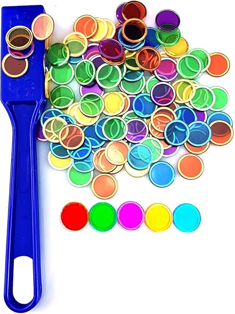 The Magnetic Bingo Chips Set -Blue Magnetic Wand with 100 Metal Tokens for Elderly Family Lotto Game, Sensory Bins, Counting and Sorting, Science& Educational Activities