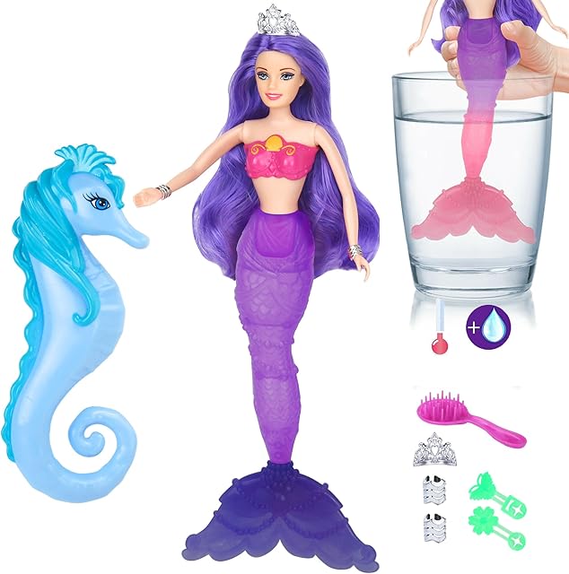 The BETTINA Magical Color Changing Mermaid Doll, Princess Mermaid Toy with Seahorse & Dolls Accessories - Vibrant Purple Hair and Transforming Tail, Mermaid Gifts Toys for Girls Aged 3-7