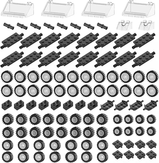 The Wheels and Axles Sets Tires Building Kit with Windshield, Compatible with Lego Wheels and Axles, 186 Pcs Car Parts and Classic Pieces Accessories, Bulk Bricks Sets Education Construction Toys