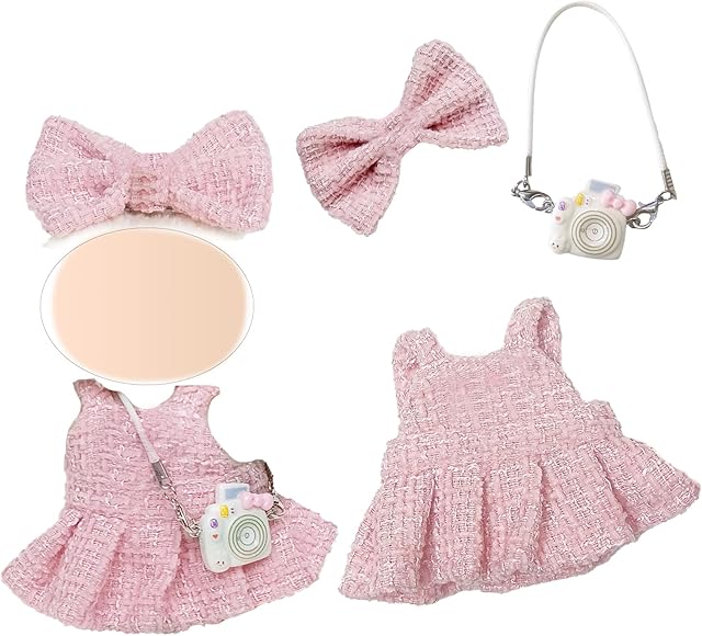 The 3 Pcs Handmade Clothes and Accessories for 17 cm Dolls Including 1 Skirt 1 Bow Hair Clip 1 Shoulder Bag, Premium Stylish Doll Clothes Replacement Present for Girls (NO Doll) Pink