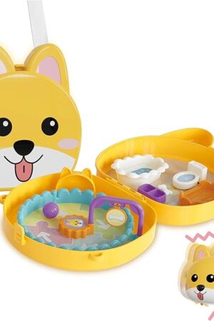 The Portable Dog House Toy Playset - Simulated Pet Care with Bath Set, Feeding Set & Electronic Dog | Travel Toy with Handle & Crossbody Strap | Gift for Kids & Toddlers Ages 3-8+