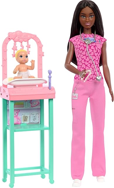 The Barbie Baby Doctor with Brunette Fashion Doll Wearing Pink Scrubs, 1 Baby Doll with Accessories & Furniture