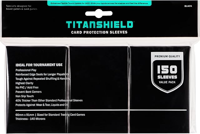 The TitanShield (150 Sleeves, Black) Compatible with Standard Sized Board Games, MTG Magic The Gathering, Pokemon, Lorcana and Trading Cards 2.5" x 3.5" 66x91mm
