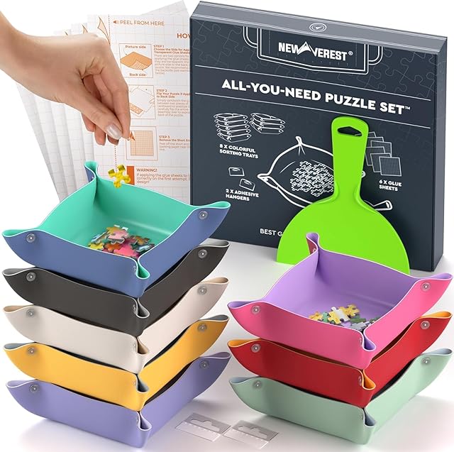 The Newverest All-You-Need Puzzle Set: 8 Puzzle Sorting Trays for up to 2000 Pieces, 6 Glue Sheets, 1 Large Scraper & 2 Adhesive Hangers in Gift-Ready Packaging – Must-Have Saver Kit for Puzzle Lovers