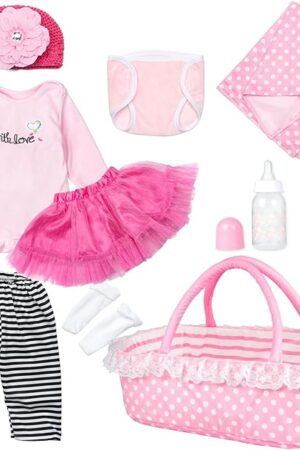 The Reborn Baby Doll Clothes with Bassinet Underwear Blanket 10-Pieces Set 17-22 Inch Baby Doll Clothes Accessories Design