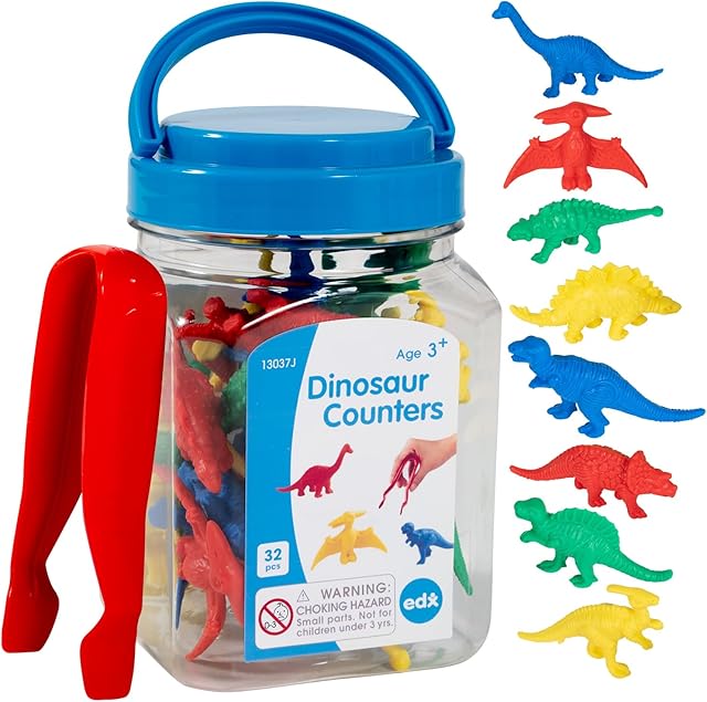 The Edx Education Dinosaur Counters - Mini Jar Set of 32 - Learn Counting, Colors, Sorting and Sequencing - Math Manipulative for Kids