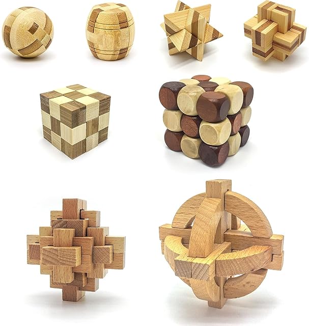The PicassoTiles 8 Styles Interlocking Sensory Toys Wooden Burr Cube, Ball and Barrels Logic Skill Genius Puzzle Brain Teaser Games & Intellectual 3D Assembling Educational Toy Set for Kids & Adults PTP08