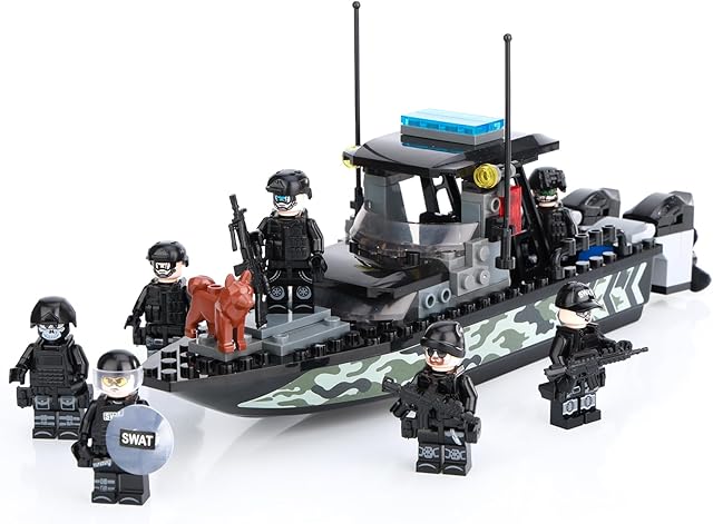 The SWAT Police Military Building Block Set for Kids, Police Boat & Soldiers Minifigures (12 PCS) with Dog, Weapons and Accessories