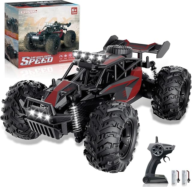 The Carox Remote Control Car, 2.4GHz 25KM/H High Speed RC Car, 1:18 Off-Road Monster Truck with LED Lights and 1800mAh Rechargeable Battery – Ideal Gift for Boys 6+