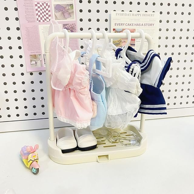 The Dczosily 1 Set Doll Garment Rack with 5Pcs Mini Hangers Doll Clothes Storage for LABUBU Wardrobe Furniture Accessories for Dollhouse Baby Shower Supplies (White)