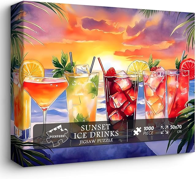 The Summer Beach Puzzles for Adults 1000 Pieces, PICKFORU Colorful Seaside Holiday Jigsaw Puzzles Sunset Scene, Impossible Challenging Rainbow Drinks Theme as Home Decor