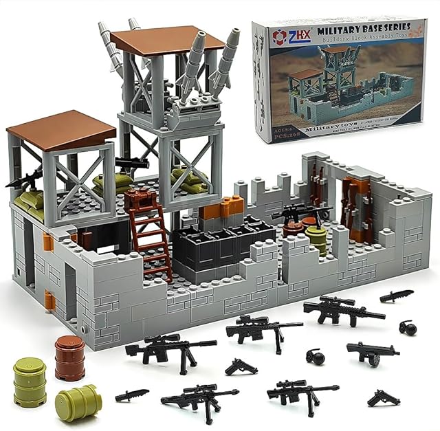 The ZHX Military Base Building Brick Set for Army Minifigure War Accessories, Defence Base Guard Tower Guns Weapons Building Block Toy for Kids 8 10 12 14 Years