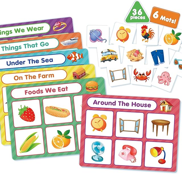 The EAMAY Building Language and Matching Games Set with 6 Sorting Mats and 36 Everyday Objects Pieces Special Education Classroom,Sorting Toys for Toddlers 1-3