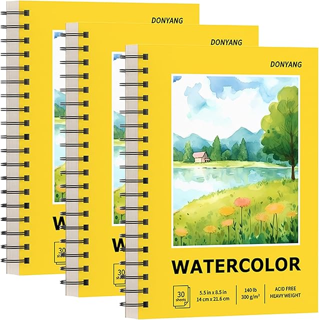 The Watercolor Paper Pad, 5.5" x 8.5" Spiral Bound Art Sketch Book, Pack of 3 (90 Sheets),(140lb/300g) Artist Water Color Drawing Paper for Adults, Art Supplies for Teens, Mixed Media Markers Journal