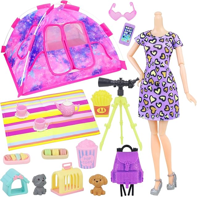 The K.T. Fancy 18 PCS Girl Doll Travel Camping Tent Set and Accessories for 11.5 Inch Includes Tent, Clothes, Backpack, Toy Dog, Placemat, Toy Phone, Glasses (Doll NOT Included)
