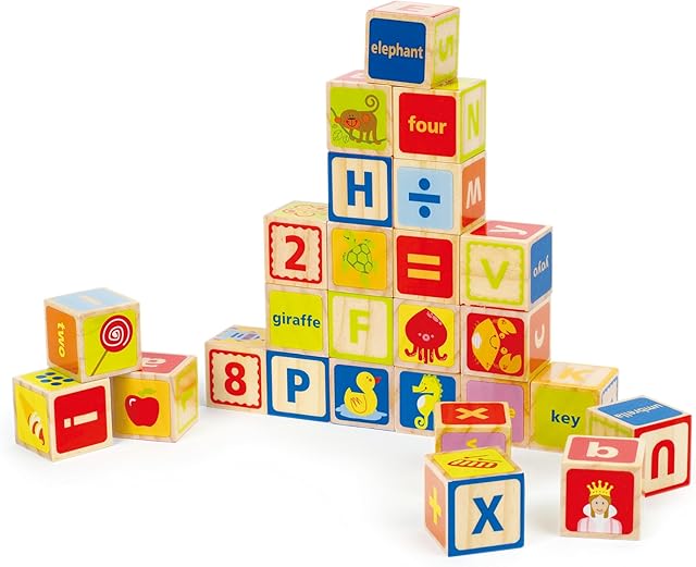 The Hape Wooden 26 Pcs Alphabet and Numbers Stacking Blocks with Pictures| Educational Preschool Learning Toys for Toddlers