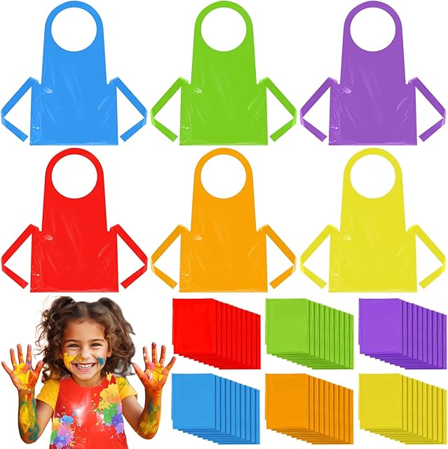 The 60 Pieces Colorful Aprons for Kids Thick Plastic Apron Disposable Waterproof Oil Proof Polythene Apron for Children Painting Cooking Eating Teaching Classroom DIY Craft Picnic