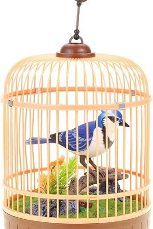The PowerTRC Singing & Chirping Bird in Cage, Realistic Sounds & Movements, Sound Activated, Battery Operated, Great Desk and Room Accessory, Pet Caged Bird Toy (10? x 7?)