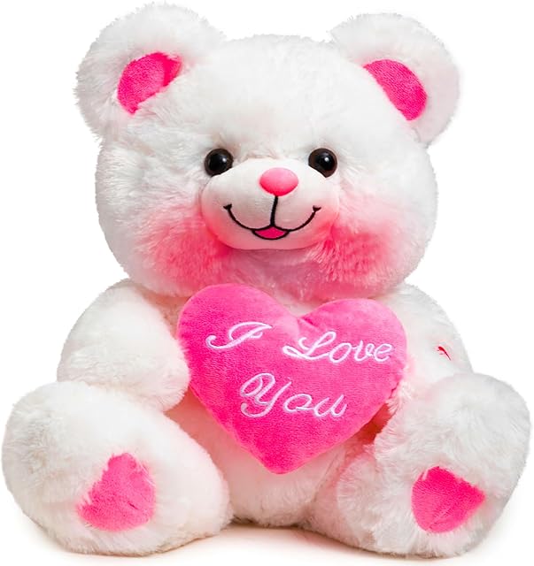 The HollyHOME Teddy Bear with Heart Plush Pink Bear That Says I Love You and Blushes LED Stuffed Toys for Girlfriend and Kids 13 inch White