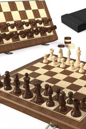 The Premium Natural Walnut 15" Magnetic Wooden Folding Chess & Checkers Set- 2 in 1 Board Game with 3" King Staunton Pieces and 2 Extra Queens, Checkers, and Dust-Proof Storage Bag (Red)