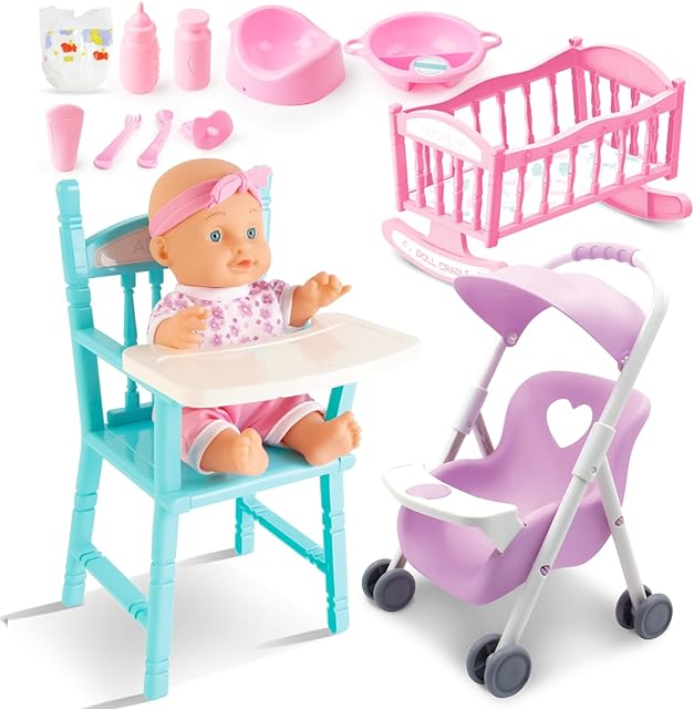 The deAO Baby Doll Set Play Set Includes Miniature Crib,Mobile High Chair Stroller,12PCS Baby Doll Accessories,Great Pretend Play Gift for 3+ Years Old Kids Girls Boys S