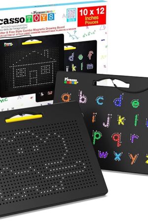 The PicassoTiles 2-in-1 Magnetic Drawing Board Toy 12x10 inch Large Magnet Bead Tablet Pad with 2 Facings Alphabet STEM Free Style Educational Erasable & Reusable Learning Writing Playboard in Black PTB04