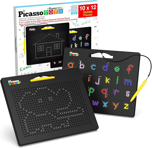 The PicassoTiles 2-in-1 Magnetic Drawing Board Toy 12x10 inch Large Magnet Bead Tablet Pad with 2 Facings Alphabet STEM Free Style Educational Erasable & Reusable Learning Writing Playboard in Black PTB04