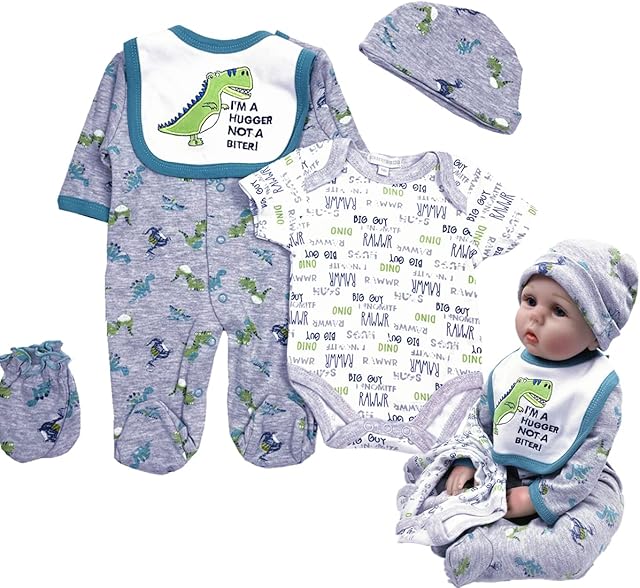 The Reborn Baby Dolls Boy Clothes 22 inch Dinosaur Outfit Accessories 5 pcs Sets Fit 20-22" Newborn Dolls Clothing