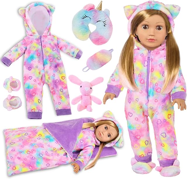 The American 18" Doll Clothes and Sleep Bag Accessories,Sleepover Outfit Set Fits 18 Inch Dolls Include Rainbow Costume,Unicorn Style Pillow,Eye Mask,Shoes,Animal Toy Gifts for Girls (No Doll)