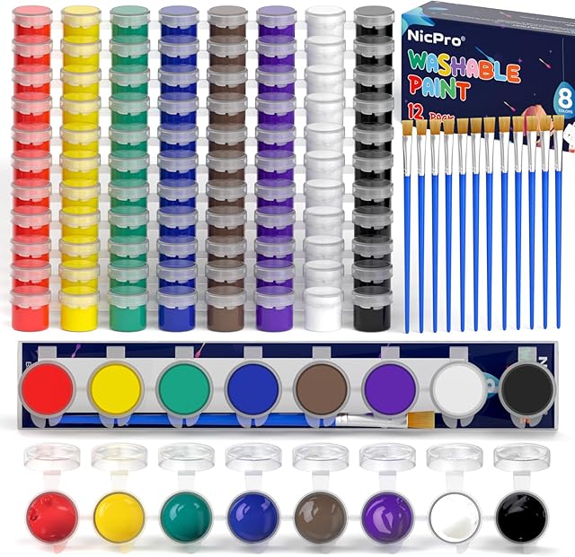 The Washable Paint Set for Kids Arts and Crafts,8 Colors 12 Set of Mini Acrylic Paint Strips with 12 Paint Brushes - Non Toxic Children Paint for Home, School, Classroom Party