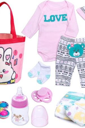 The Reborn Baby Dolls Clothes Girl Outfit, Baby Doll Accessories 10 Pcs Set with Cute Rabbit Diaper Bag for 17-22 Inch Reborn Doll Newborn Girl