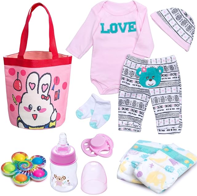 The Reborn Baby Dolls Clothes Girl Outfit, Baby Doll Accessories 10 Pcs Set with Cute Rabbit Diaper Bag for 17-22 Inch Reborn Doll Newborn Girl