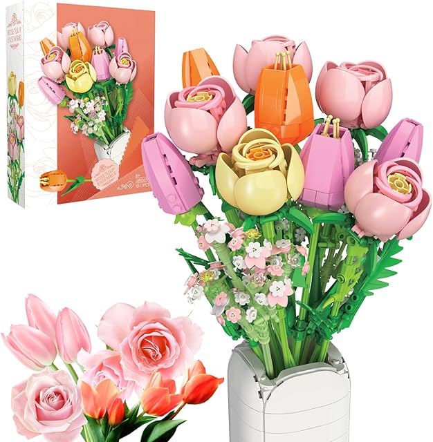 The Flowers Bouquet Building Set - Christmas, Mother's Day, Valentine's, or Birthday Gift Ideal for Adult, Women, Girls and Boys, Compatible with Lego Flower, Tulips Toy Building Block with Vase(1011 PCS)