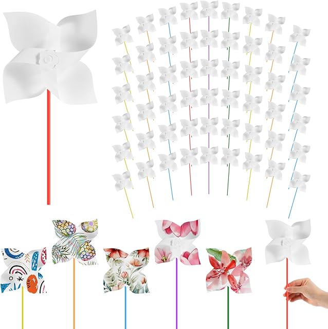 The 60Pcs Pinwheels Paper Craft for Kids, Color Your Own Summer Pinwheels White Blank Paper DIY Pinwheel for Boys Girls School Group Activities Project Back to School Season