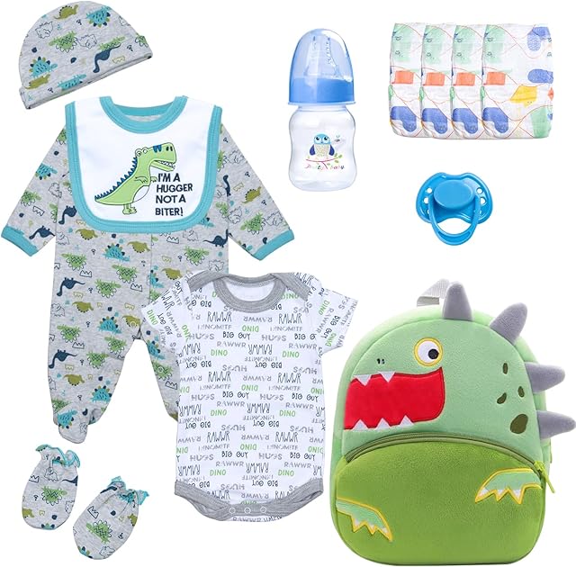 The 12pcs Reborn Baby Doll Clothes with Backpack Diapers for 17-22 Inch Newborn Reborn Baby Dolls Clothes Dinosaur Carrier Accessories