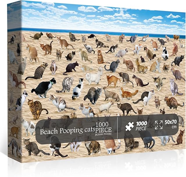 The Beach Cat Puzzle 1000 Piece Puzzle for Adults, Cat Puzzles for Adults Animal Jigsaw Puzzle, Kitty Pooping Puzzle as Funny Gag Home Decor