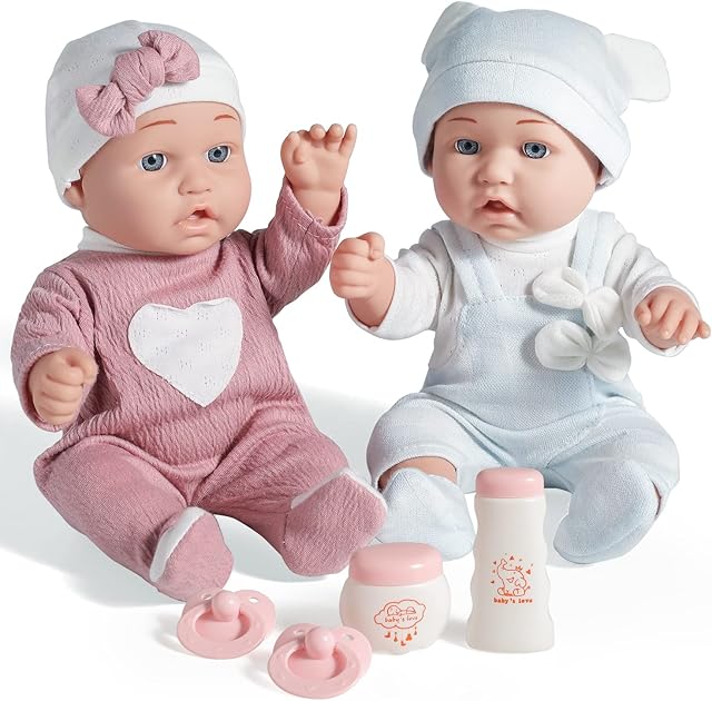 The Enjoyin 12'' Twins Baby Doll Playset with Accessories Includes Boy and Girl Dolls, 2 Powder Bottles, and 2 Pacifiers, Ideal Gift for Children Age 3+