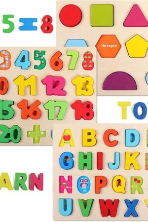 The QZMTOY Wooden Puzzles for Toddlers, Wooden Alphabet Number Shape Puzzles Toddler Learning Puzzle Toys for Kids, 3 in 1 Puzzle for Toddlers, Age 3+ (Set of 3)